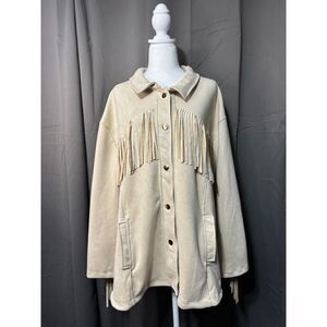 Coco & Shay Fringe Jacket Shacket Beige Oversized Western Boho Womens 3XL NWT